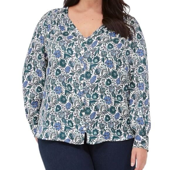 Lane Bryant Button Front Top Dark Blue Floral Womens Sz 30/32 Ruched NEW NWT - Picture 1 of 11